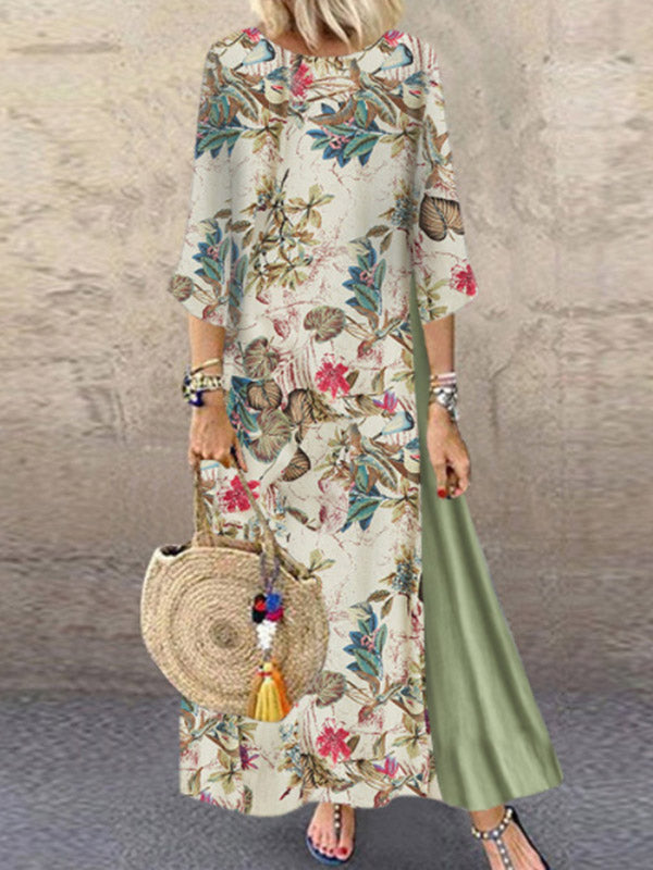 Vintage Round-Neck Short Sleeve Split-Joint Maxi Dress